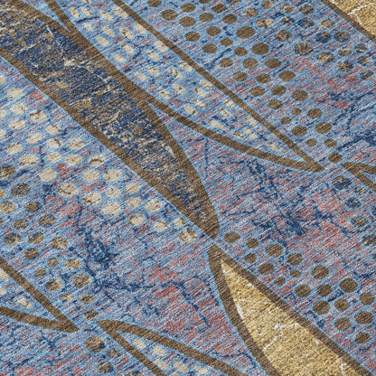 10' X 14' Blue And Brown Geometric Washable Indoor Outdoor Area Rug