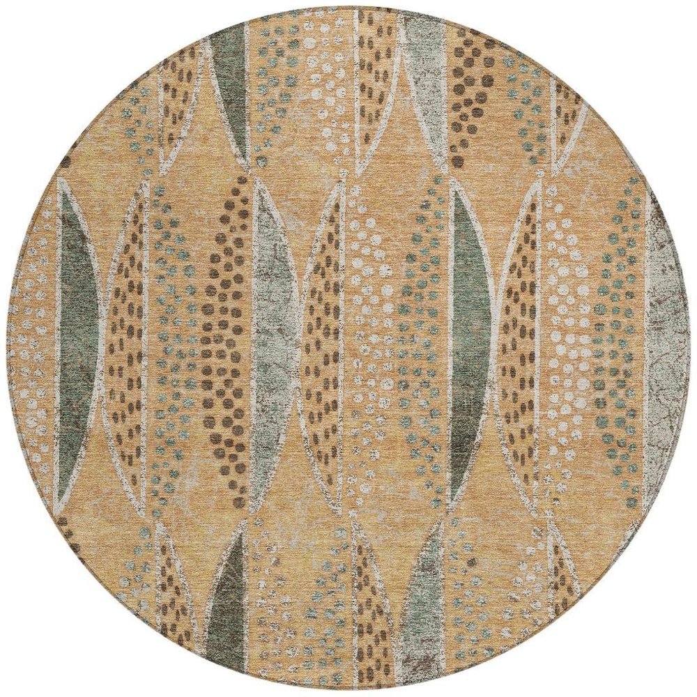 8' Copper And Beige Round Geometric Washable Indoor Outdoor Area Rug