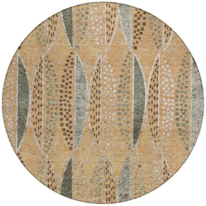 8' Copper And Beige Round Geometric Washable Indoor Outdoor Area Rug