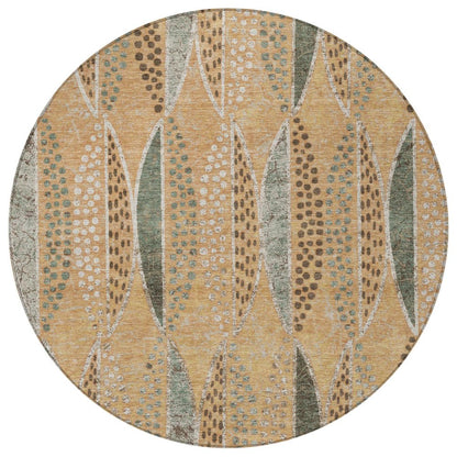 8' Copper And Beige Round Geometric Washable Indoor Outdoor Area Rug