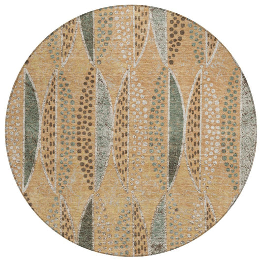 8' Copper And Beige Round Geometric Washable Indoor Outdoor Area Rug