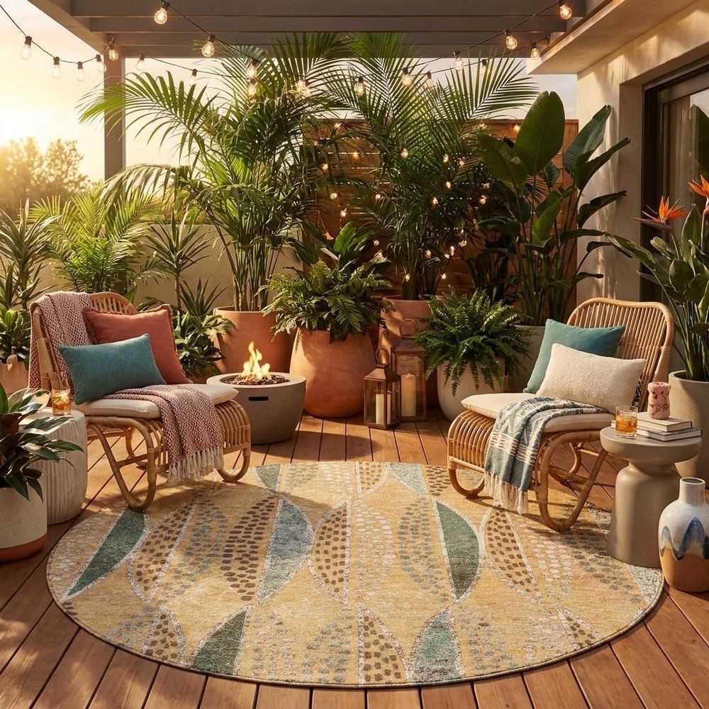 8' Copper And Beige Round Geometric Washable Indoor Outdoor Area Rug — view 5