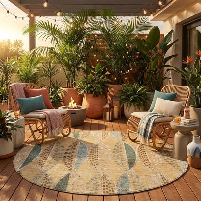 8' Copper And Beige Round Geometric Washable Indoor Outdoor Area Rug HomeRoots