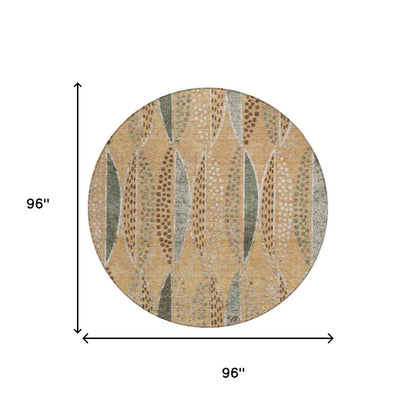 8' Copper And Beige Round Geometric Washable Indoor Outdoor Area Rug