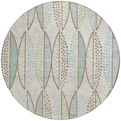 8' Ivory And Brown Round Geometric Washable Indoor Outdoor Area Rug