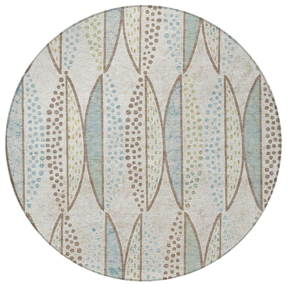 8' Ivory And Brown Round Geometric Washable Indoor Outdoor Area Rug HomeRoots