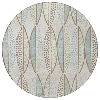 8' Ivory And Brown Round Geometric Washable Indoor Outdoor Area Rug HomeRoots