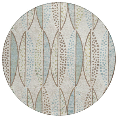 8' Ivory And Brown Round Geometric Washable Indoor Outdoor Area Rug HomeRoots