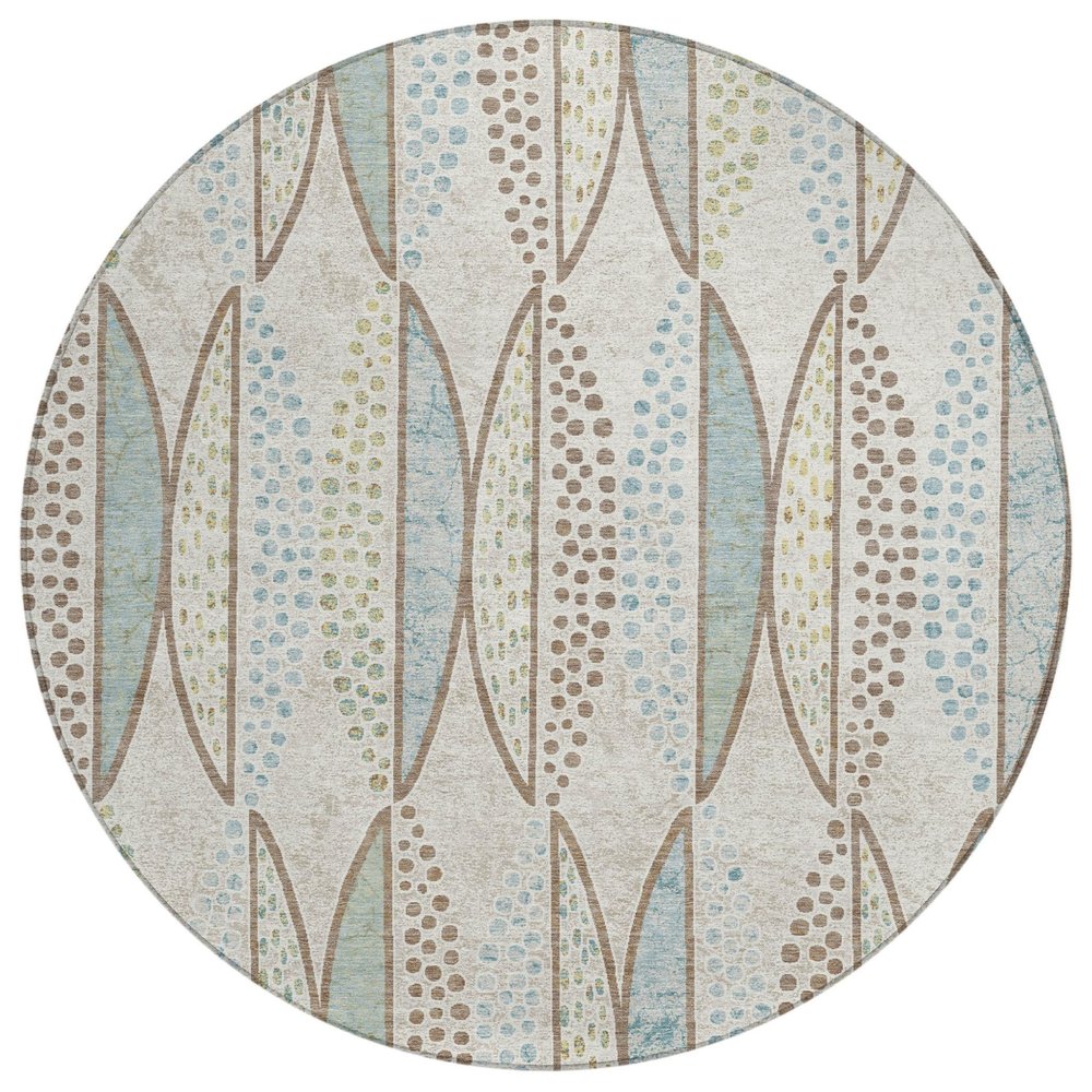 8' Ivory And Brown Round Geometric Washable Indoor Outdoor Area Rug