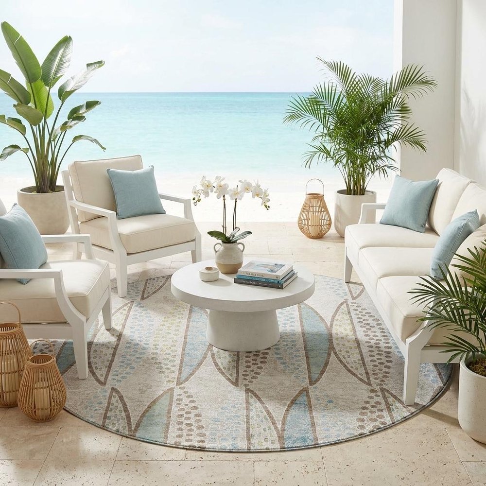 8' Ivory And Brown Round Geometric Washable Indoor Outdoor Area Rug — view 5
