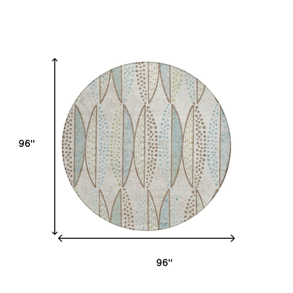 8' Ivory And Brown Round Geometric Washable Indoor Outdoor Area Rug — view 4