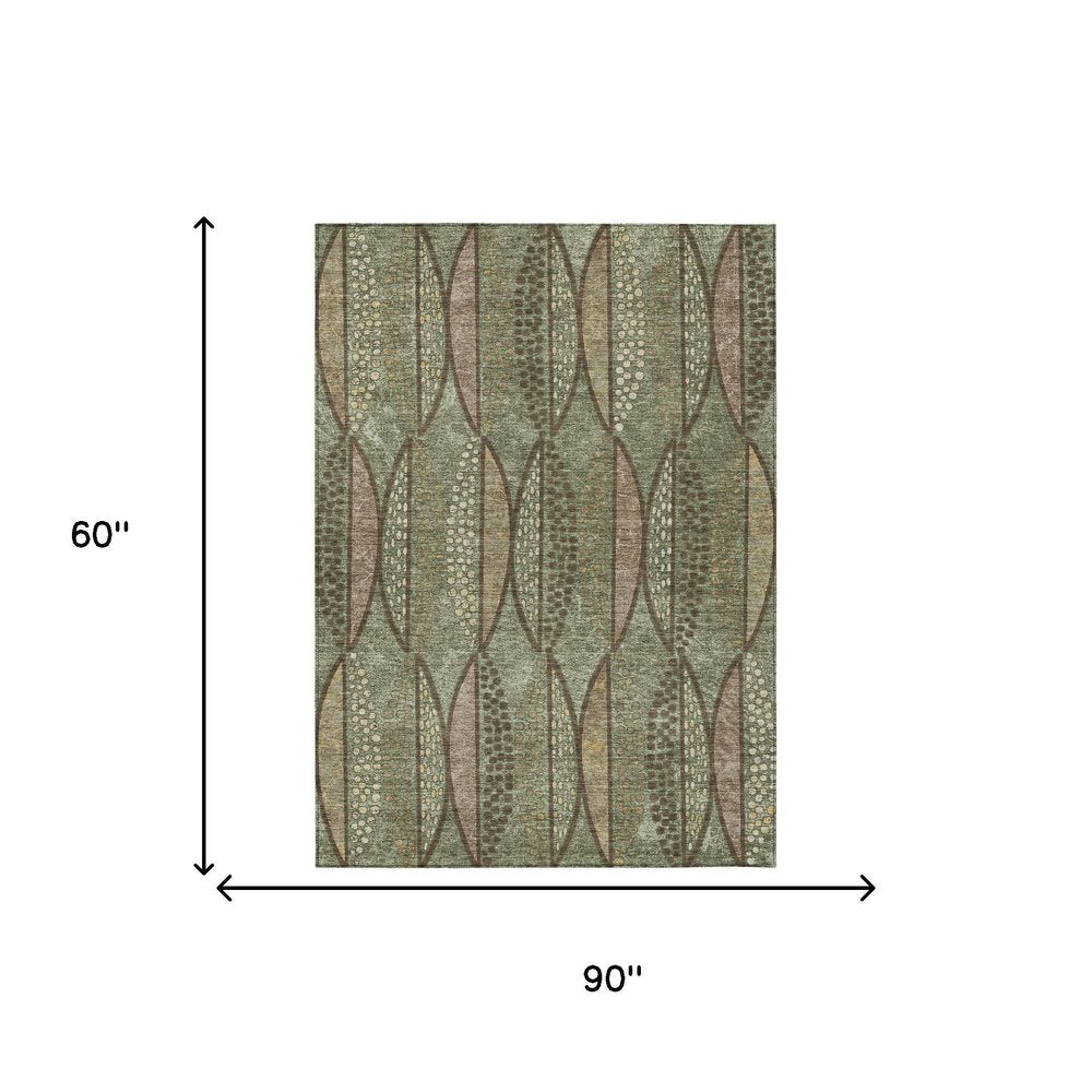 5' X 8' Olive Green And Linen Geometric Washable Indoor Outdoor Area Rug — view 4