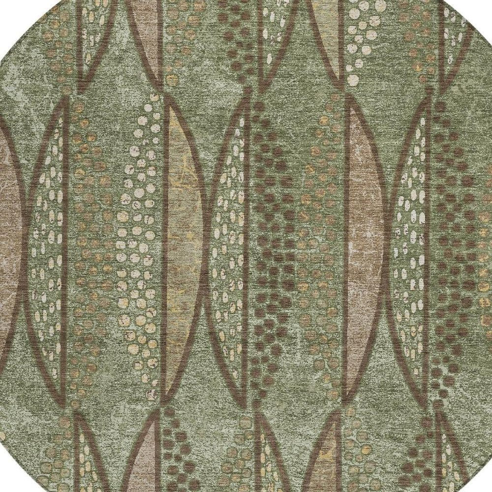 8' Olive Green And Linen Round Geometric Washable Indoor Outdoor Area Rug HomeRoots