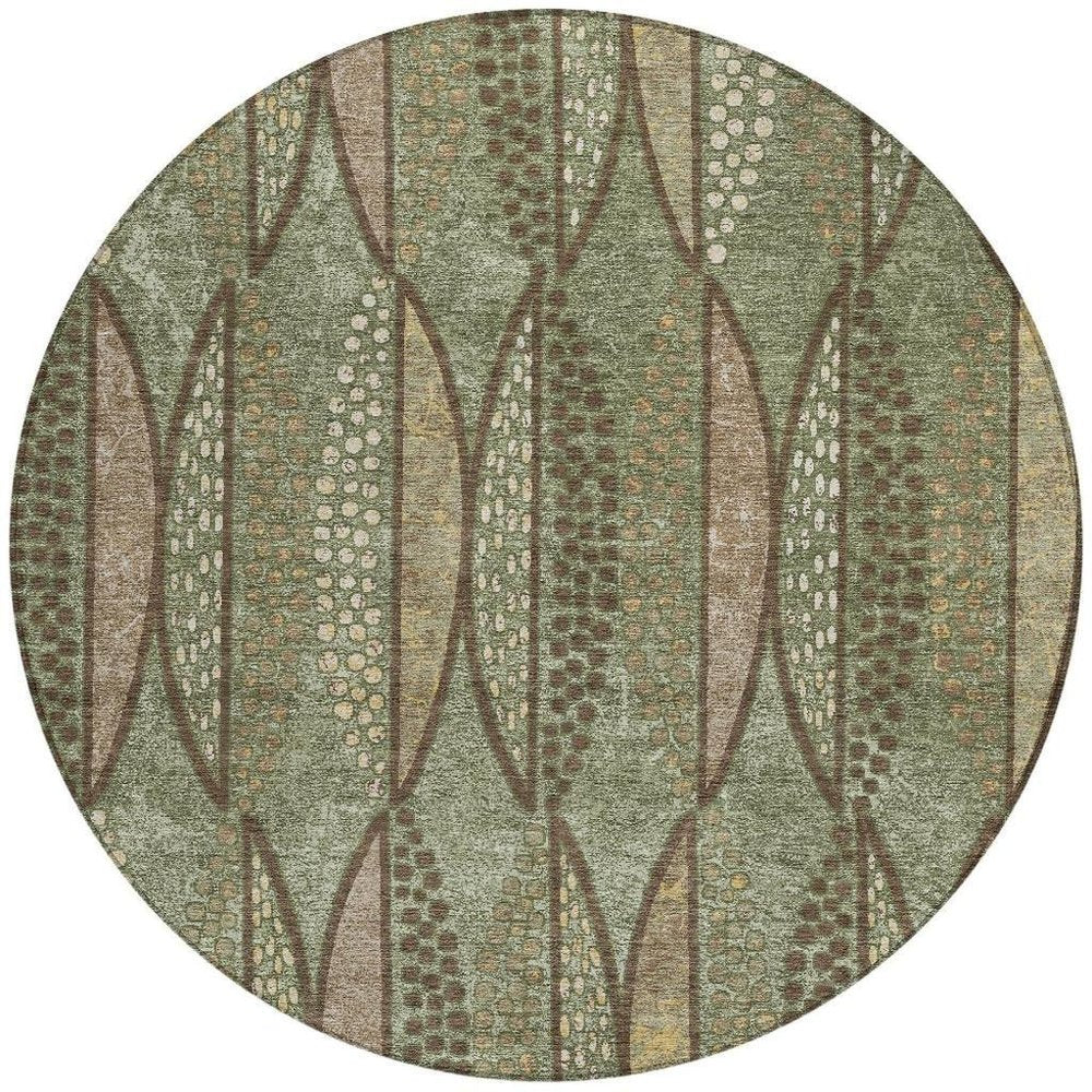 8' Olive Green And Linen Round Geometric Washable Indoor Outdoor Area Rug — view 7