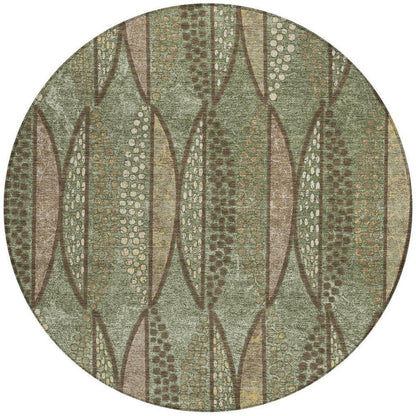 8' Olive Green And Linen Round Geometric Washable Indoor Outdoor Area Rug HomeRoots