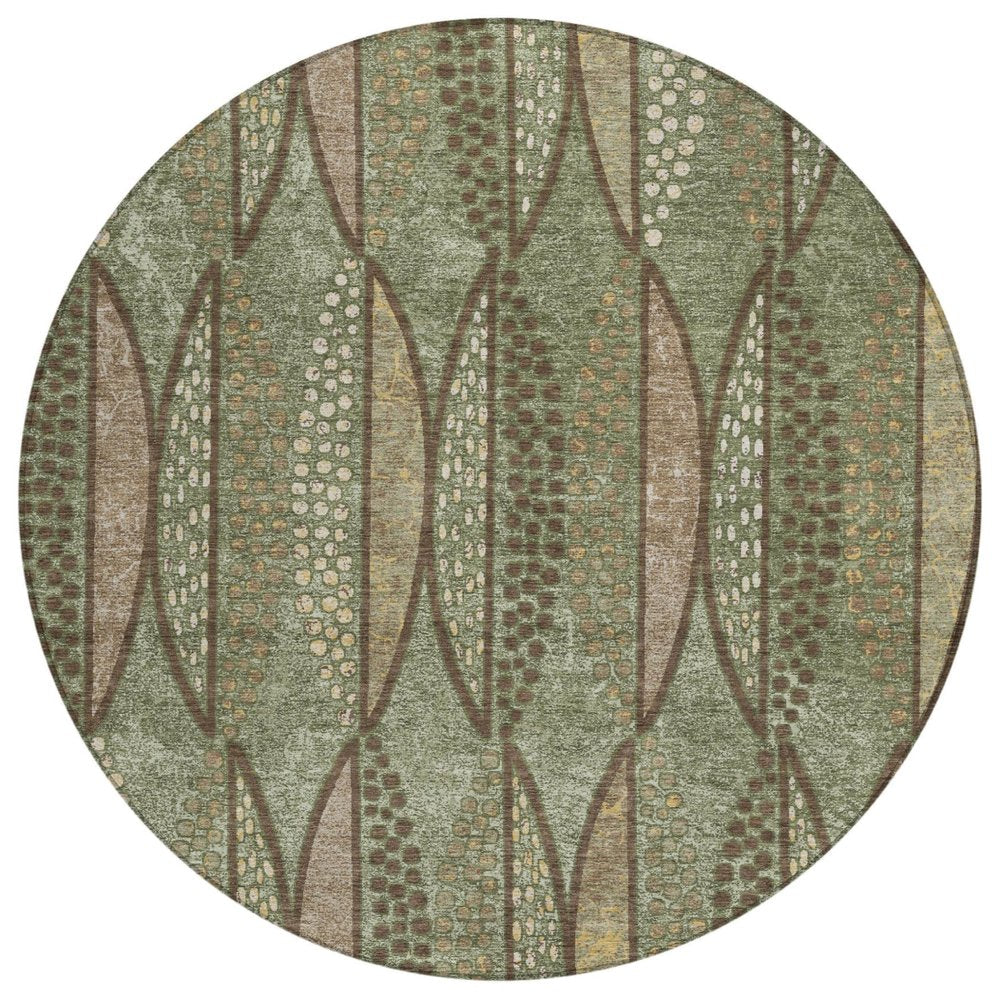 8' Olive Green And Linen Round Geometric Washable Indoor Outdoor Area Rug — view 1