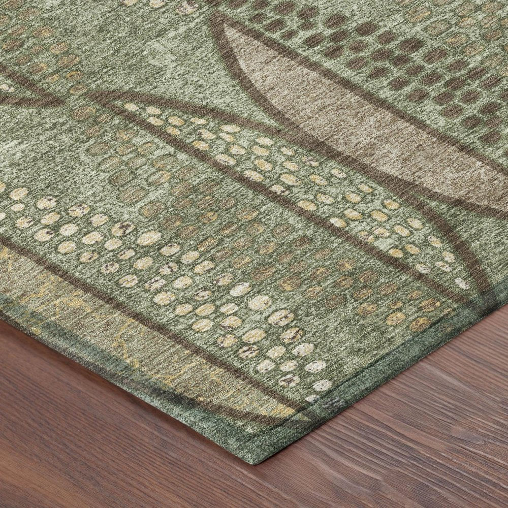 8' Olive Green And Linen Round Geometric Washable Indoor Outdoor Area Rug HomeRoots