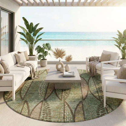 8' Olive Green And Linen Round Geometric Washable Indoor Outdoor Area Rug HomeRoots