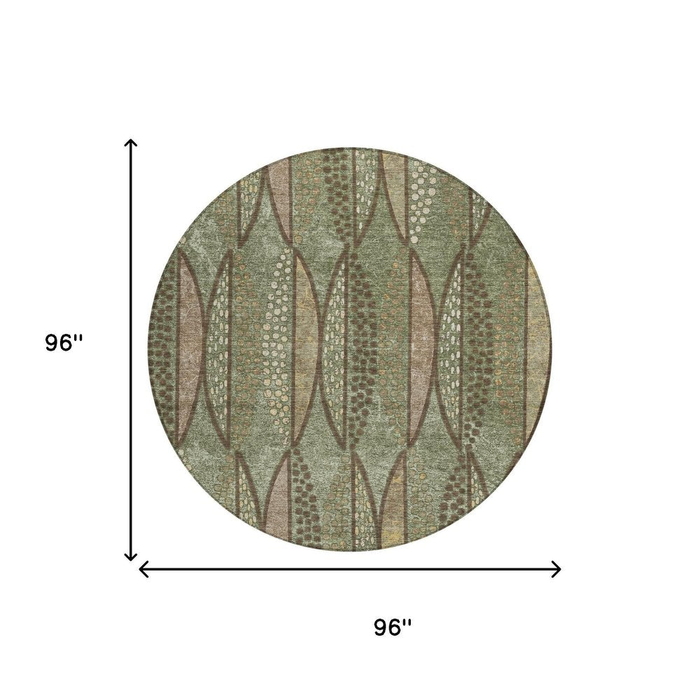 8' Olive Green And Linen Round Geometric Washable Indoor Outdoor Area Rug HomeRoots