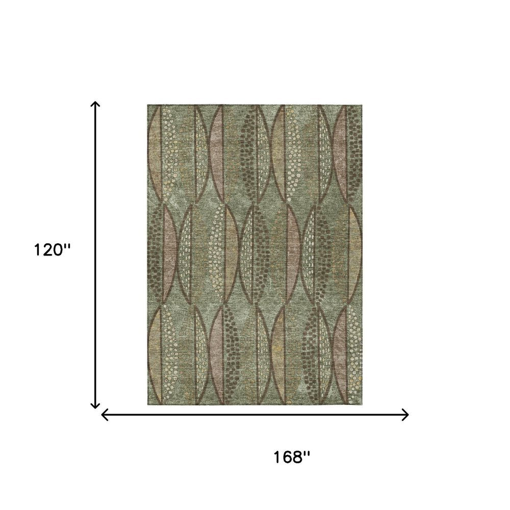 10' X 14' Olive Green And Linen Geometric Washable Indoor Outdoor Area Rug HomeRoots