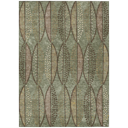 10' X 14' Olive Green And Linen Geometric Washable Indoor Outdoor Area Rug