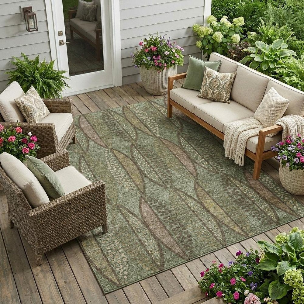 10' X 14' Olive Green And Linen Geometric Washable Indoor Outdoor Area Rug — view 5