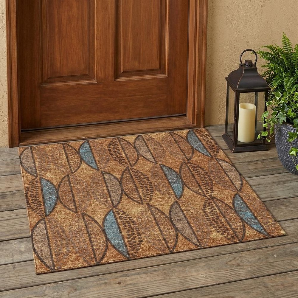 3' X 5' Orange And Blue Geometric Washable Indoor Outdoor Area Rug