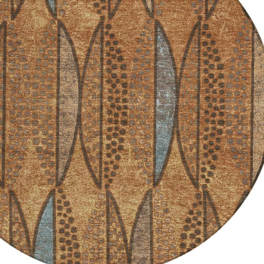 8' Orange And Blue Round Geometric Washable Indoor Outdoor Area Rug HomeRoots