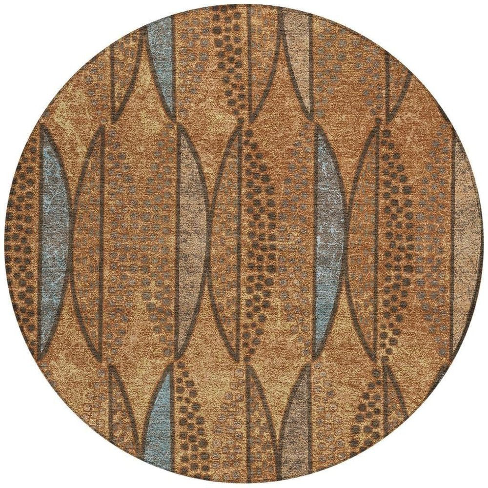 8' Orange And Blue Round Geometric Washable Indoor Outdoor Area Rug HomeRoots