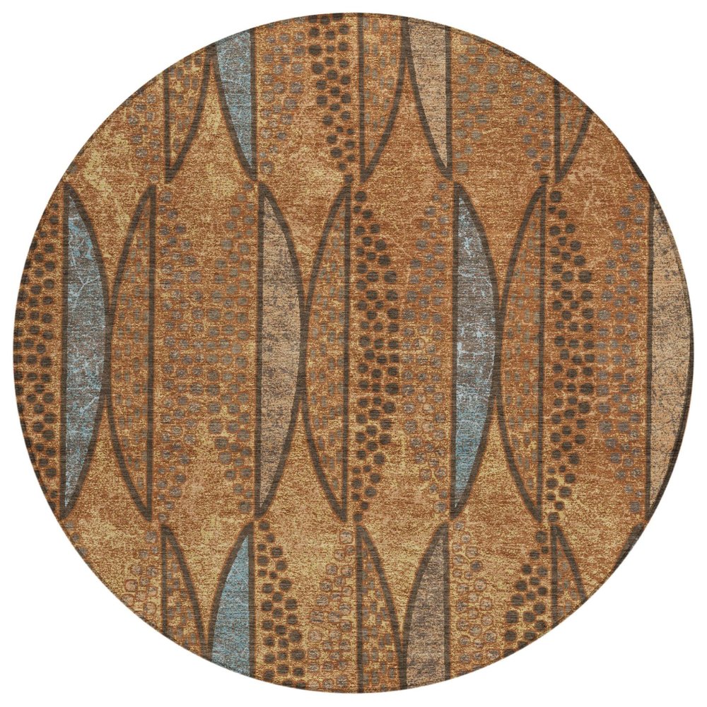 8' Orange And Blue Round Geometric Washable Indoor Outdoor Area Rug HomeRoots