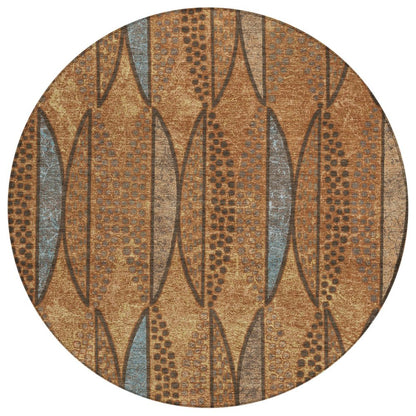 8' Orange And Blue Round Geometric Washable Indoor Outdoor Area Rug HomeRoots