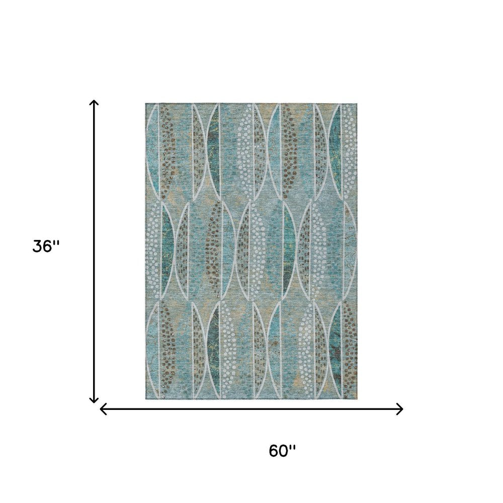 3' X 5' Teal Blue And Green Geometric Washable Indoor Outdoor Area Rug HomeRoots
