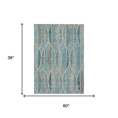 3' X 5' Teal Blue And Green Geometric Washable Indoor Outdoor Area Rug HomeRoots