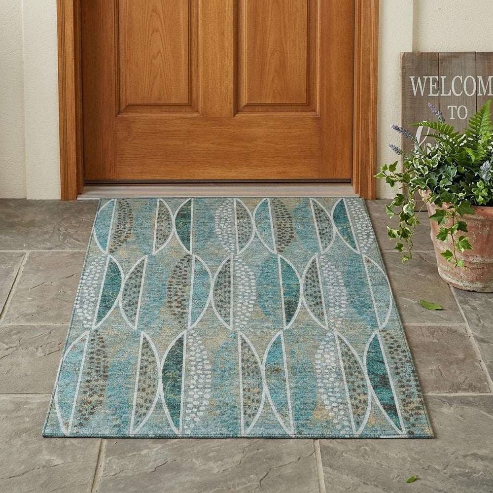 3' X 5' Teal Blue And Green Geometric Washable Indoor Outdoor Area Rug HomeRoots