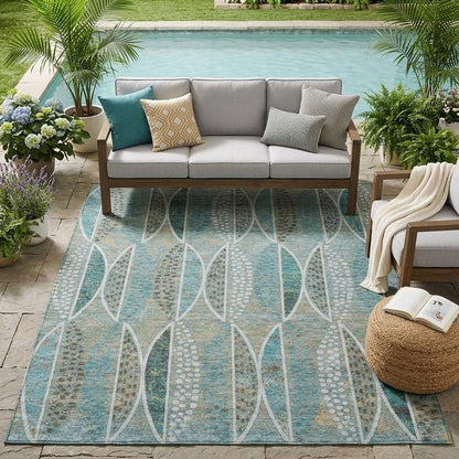 5' X 8' Teal Blue And Green Geometric Washable Indoor Outdoor Area Rug HomeRoots