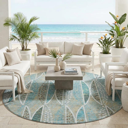 8' Teal Blue And Green Round Geometric Washable Indoor Outdoor Area Rug HomeRoots