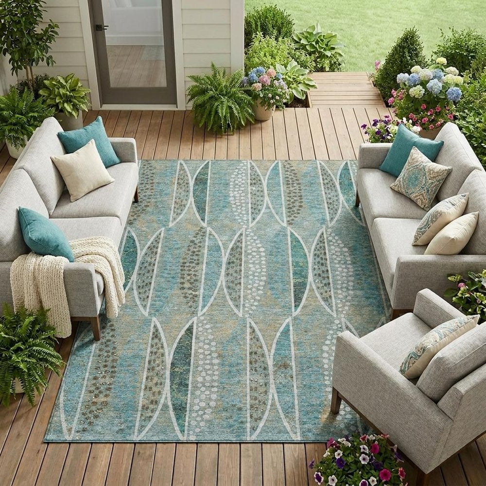 10' X 14' Teal Blue And Green Geometric Washable Indoor Outdoor Area Rug HomeRoots