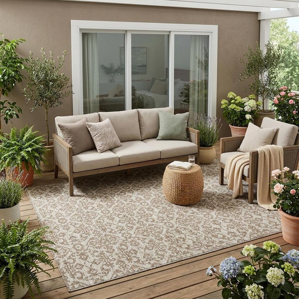 5' X 8' Beige And Taupe Oriental Washable Indoor Outdoor Area Rug HomeRoots