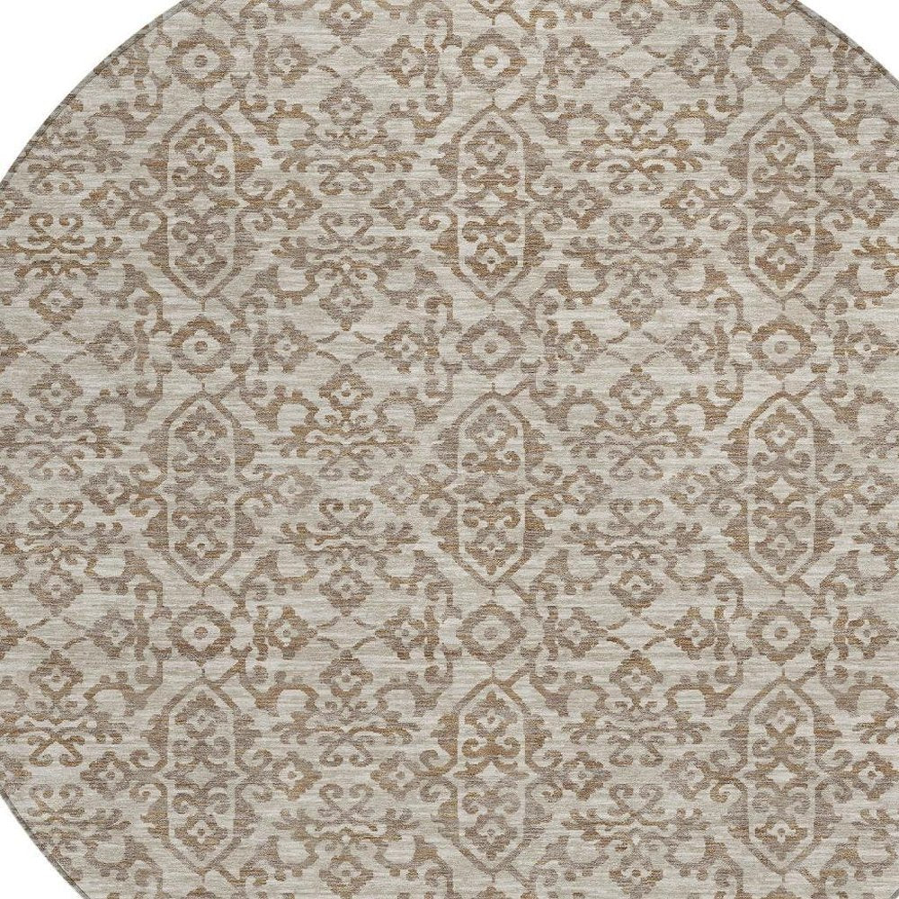 8' Beige And Taupe Round Oriental Washable Indoor Outdoor Area Rug HomeRoots