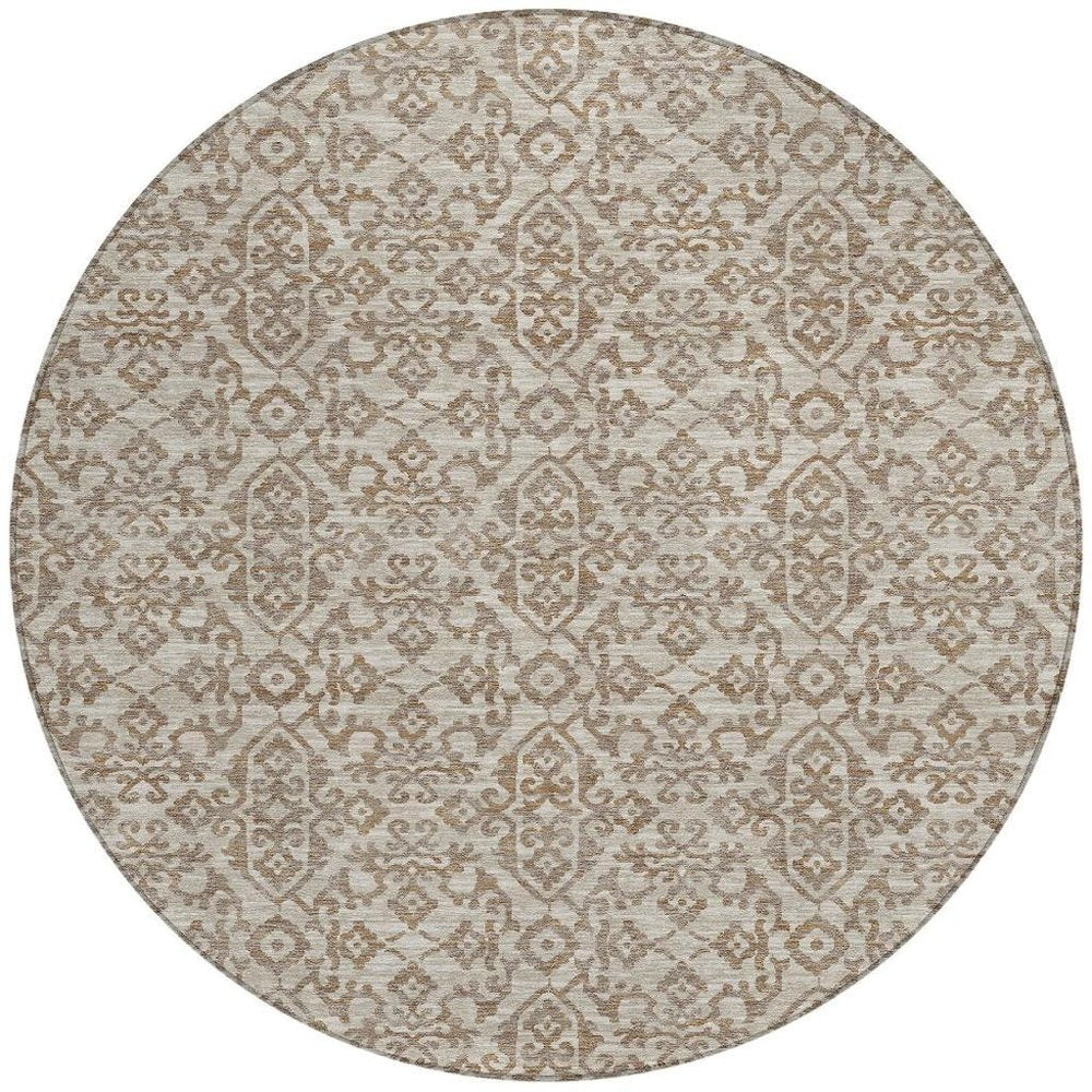 8' Beige And Taupe Round Oriental Washable Indoor Outdoor Area Rug HomeRoots