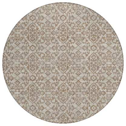 8' Beige And Taupe Round Oriental Washable Indoor Outdoor Area Rug HomeRoots