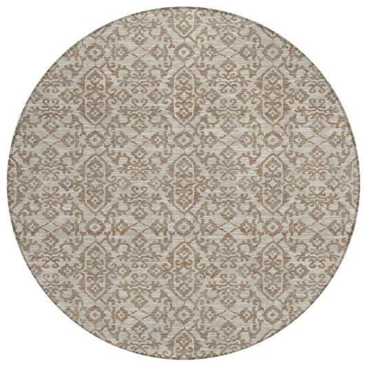 8' Beige And Taupe Round Oriental Washable Indoor Outdoor Area Rug