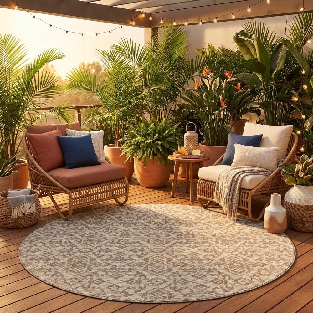 8' Beige And Taupe Round Oriental Washable Indoor Outdoor Area Rug HomeRoots