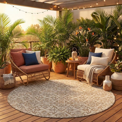 8' Beige And Taupe Round Oriental Washable Indoor Outdoor Area Rug HomeRoots