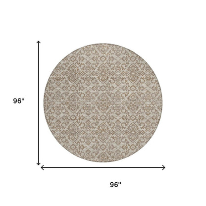 8' Beige And Taupe Round Oriental Washable Indoor Outdoor Area Rug HomeRoots