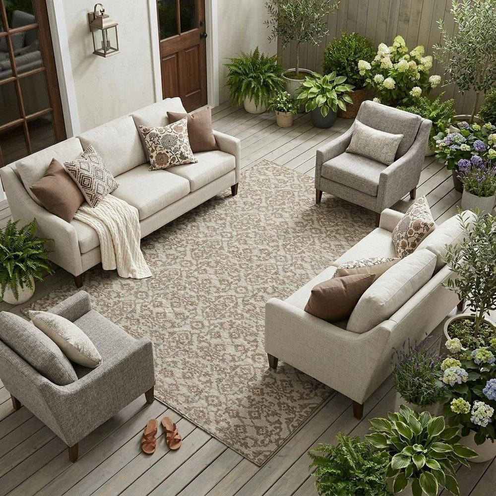 8' X 10' Beige And Taupe Oriental Washable Indoor Outdoor Area Rug HomeRoots