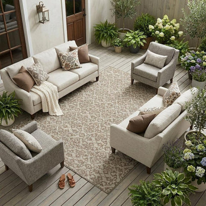 8' X 10' Beige And Taupe Oriental Washable Indoor Outdoor Area Rug HomeRoots