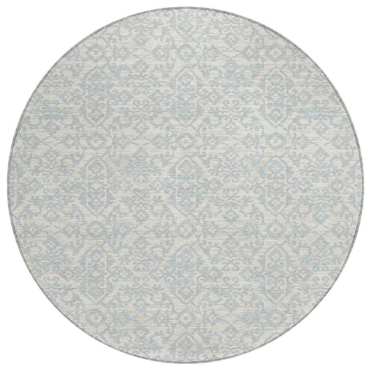 8' Ivory And Gray Round Oriental Washable Indoor Outdoor Area Rug