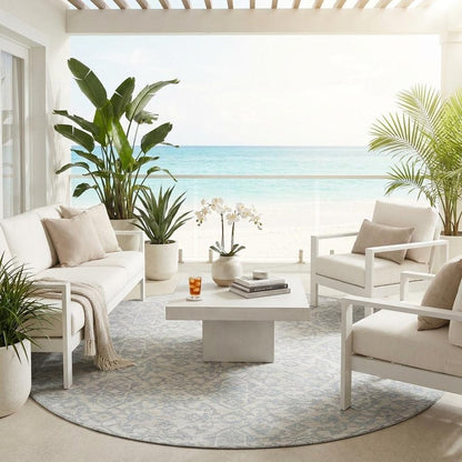 8' Ivory And Gray Round Oriental Washable Indoor Outdoor Area Rug HomeRoots