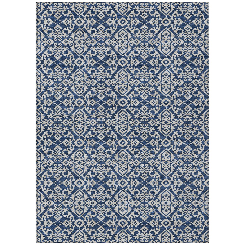 3' X 5' Navy Blue And Silver Oriental Washable Indoor Outdoor Area Rug HomeRoots